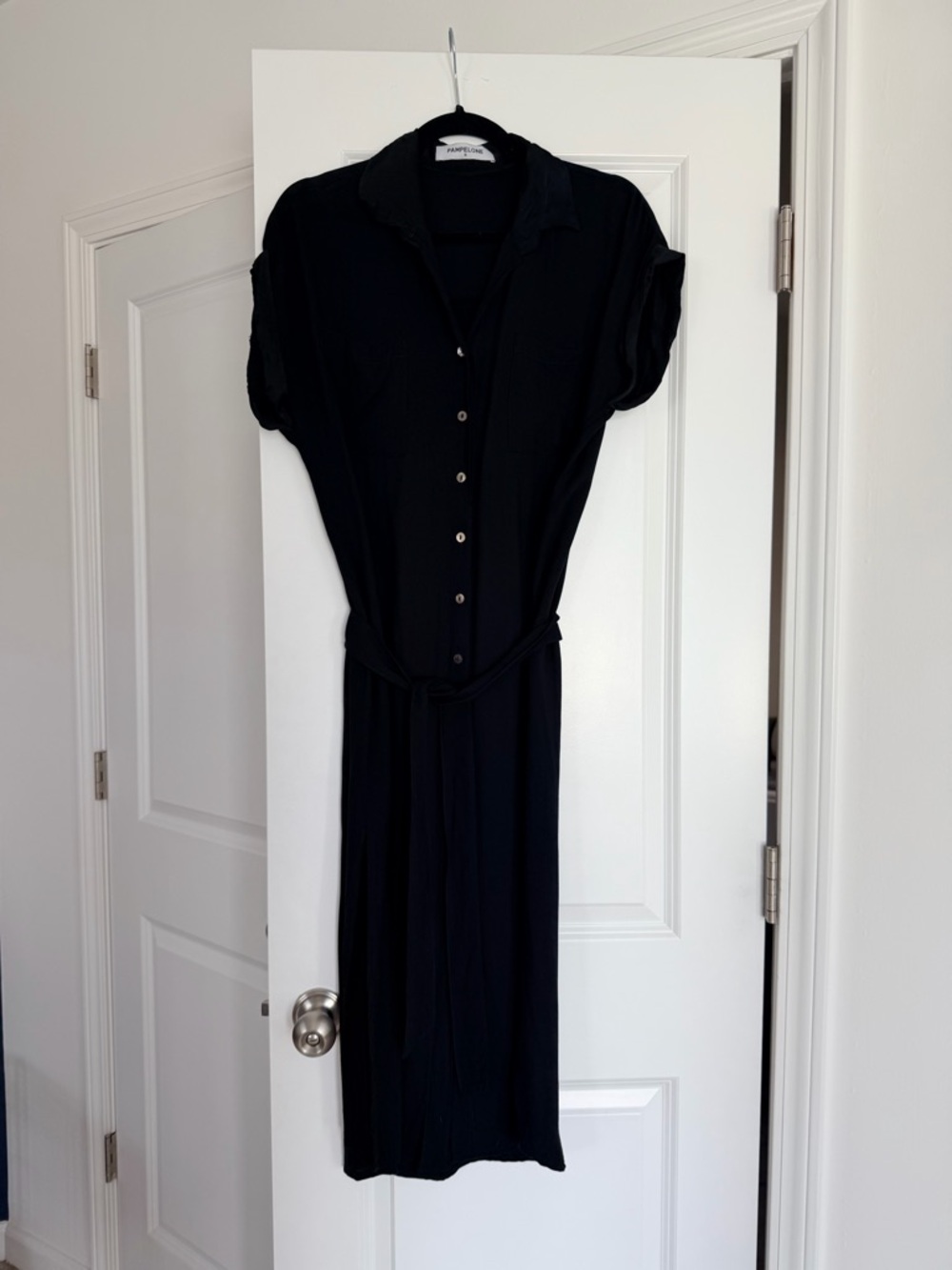 Black Midi Shirt Dress with Tie Belt